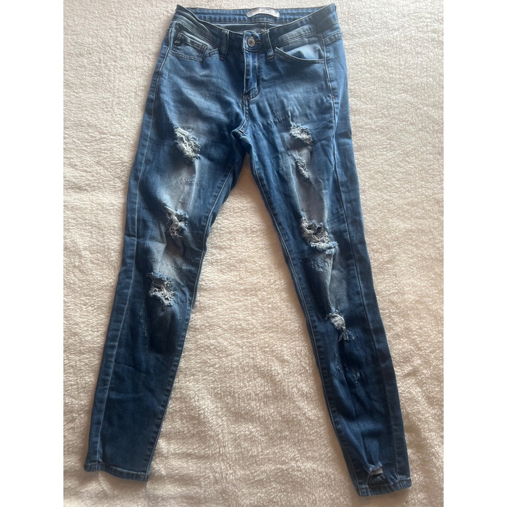 KanCan Distressed Skinny Jeans Medium Wash Blue Ripped Raw Hem Size 26